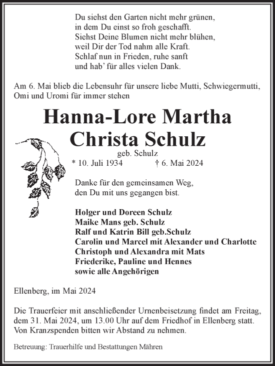 Traueranzeige von Hanna-Lore Martha Christa Schulz von Volksstimme Altmark West