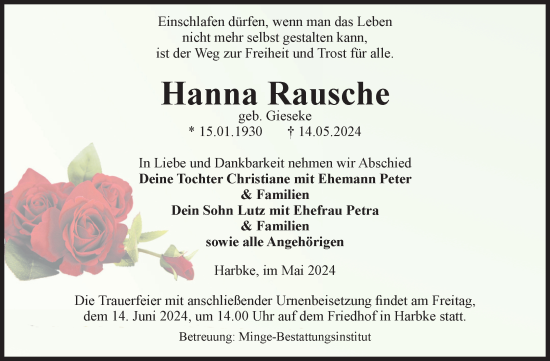 Traueranzeige von Hanna Rausche von Volksstimme Oschersleben/Wanzleben