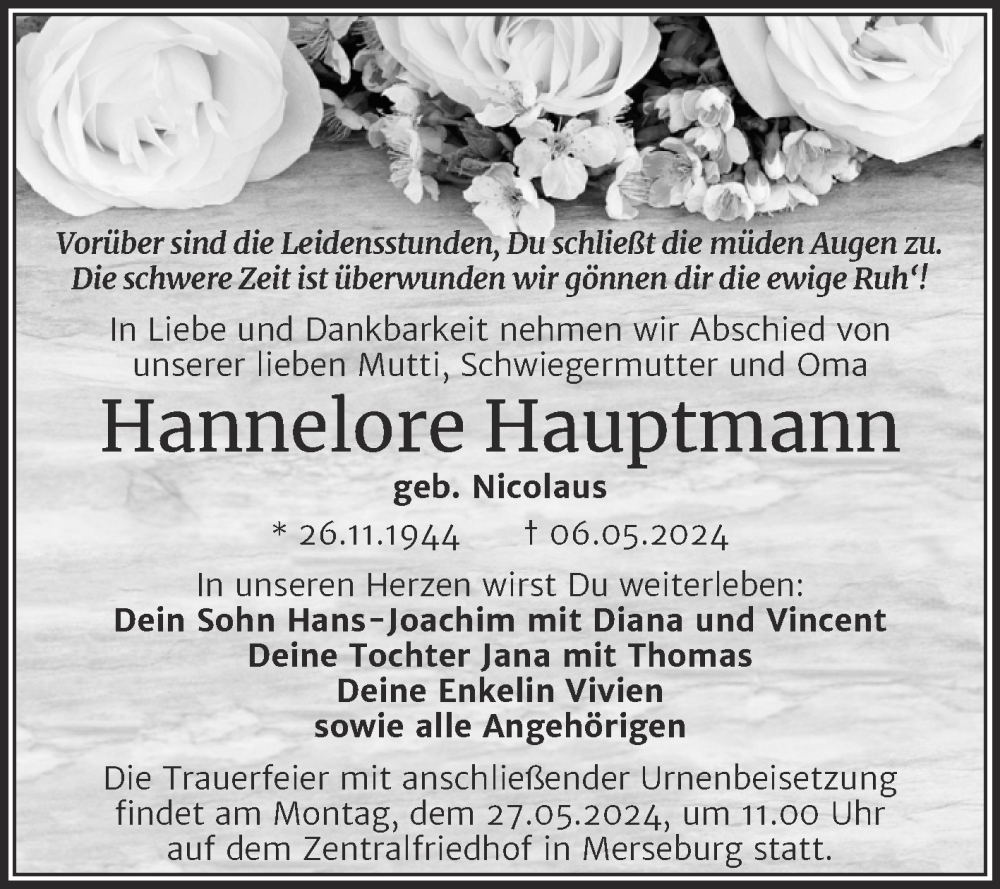  Traueranzeige für Hannelore Hauptmann vom 18.05.2024 aus Trauerkombi Merseburg