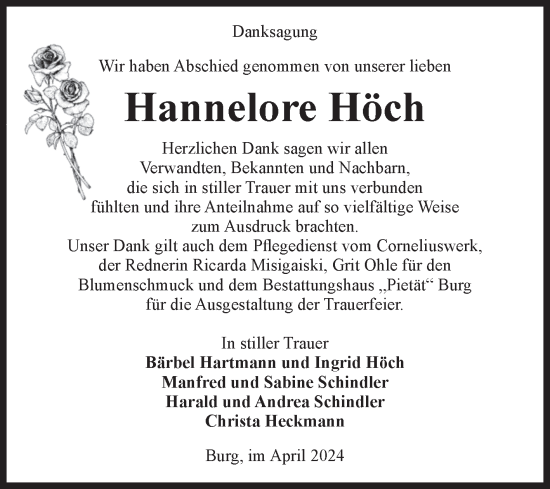 Traueranzeige von Hannelore Höch von Volksstimme Burg/Genthin