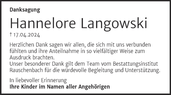 Traueranzeige von Hannelore Langowski von Super Sonntag Naumburg/Nebra