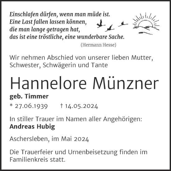 Traueranzeige von Hannelore Münzner von Trauerkombi Aschersleben