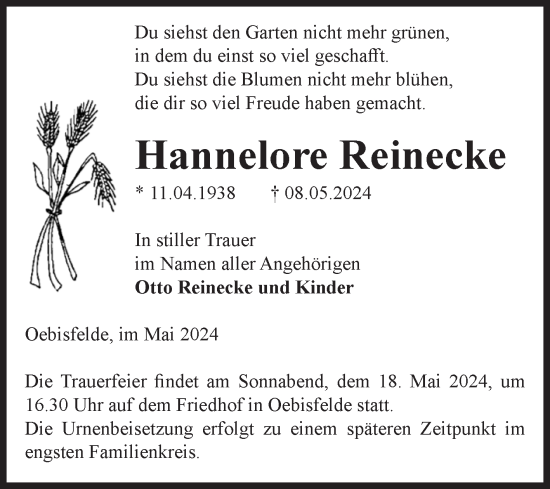 Traueranzeige von Hannelore Reinecke von Volksstimme Altmark West