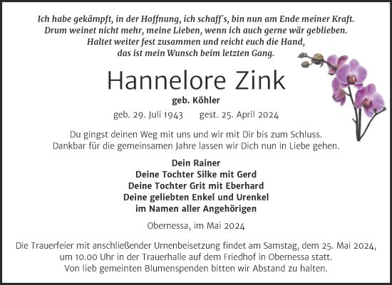 Traueranzeige von Hannelore Zink von Trauerkombi Weißenfels