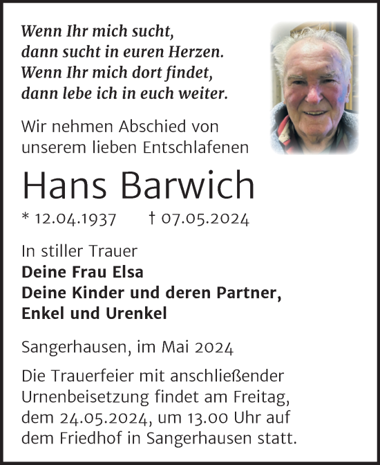 Traueranzeige von Hans Barwich von Trauerkombi Sangerhausen