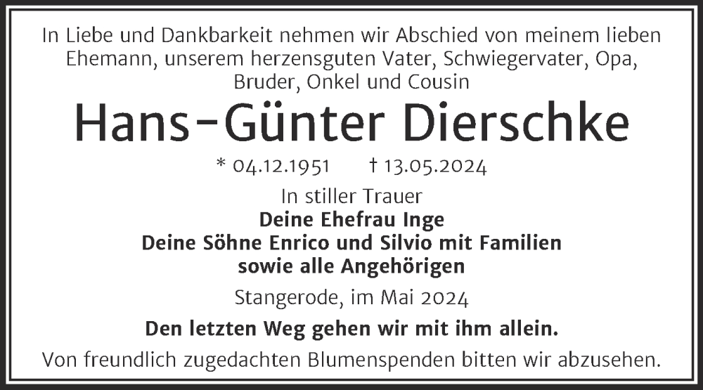  Traueranzeige für Hans-Günter Dierschke vom 18.05.2024 aus Trauerkombi Mansfelder Land