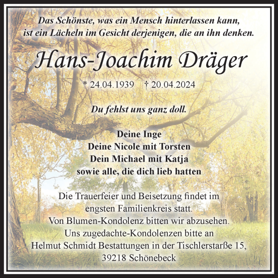 Traueranzeige von Hans-Joachim Dröger von Volksstimme Schönebeck