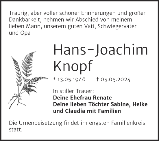 Traueranzeige von Hans-Joachim Knopf von Trauerkombi Aschersleben