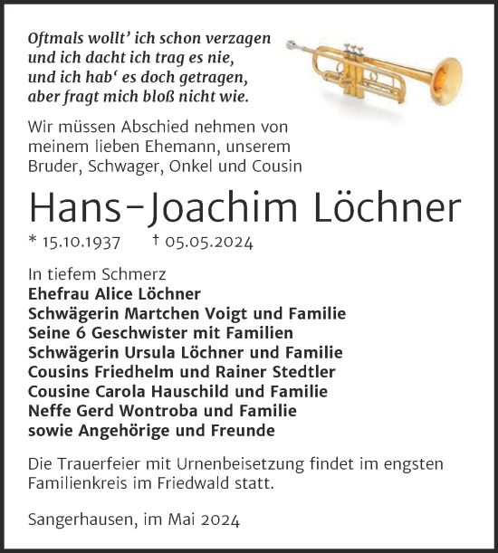 Traueranzeige von Hans-Joachim Löchner von Trauerkombi Sangerhausen