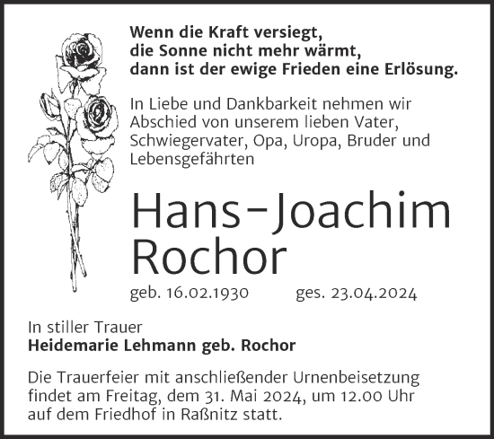 Traueranzeige von Hans-Joachim Rochor von Mitteldeutsche Zeitung Halle/Saalkreis