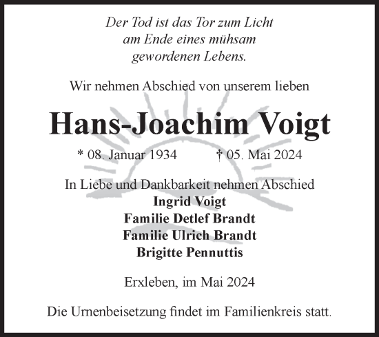 Traueranzeige von Hans-Joachim Voigt von Volksstimme Haldensleben/Wolmirstedt