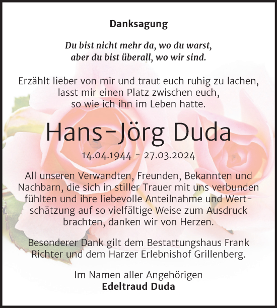 Traueranzeige von Hans-Jörg Duda von Trauerkombi Sangerhausen