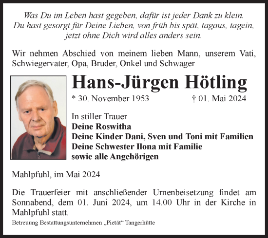 Traueranzeige von Hans-Jürgen Höfling von Volksstimme Altmark Ost