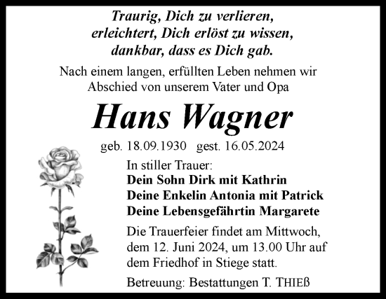 Traueranzeige von Hans Wagner von Volksstimme Wernigerode