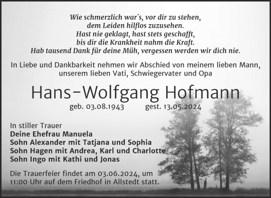 Traueranzeige von Hans-Wolfgang Hofmann von Trauerkombi Sangerhausen