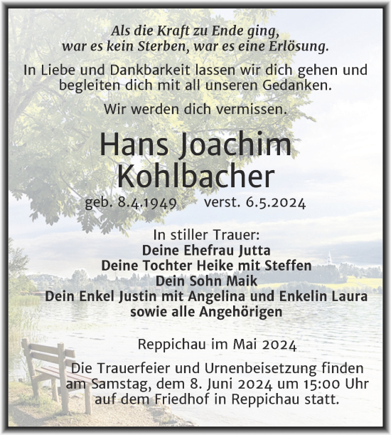 Traueranzeige von Hans Joachim Kohlbacher von Trauerkombi Köthen