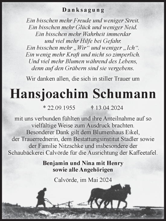 Traueranzeige von Hansjoachim Schumann von Volksstimme Haldensleben/Wolmirstedt