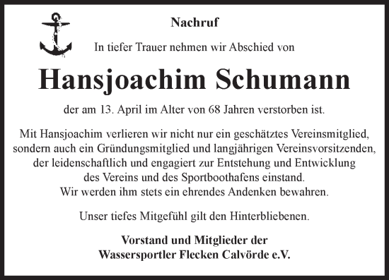 Traueranzeige von Hansjoachim Schumann von Volksstimme Haldensleben/Wolmirstedt