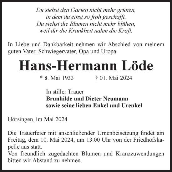 Traueranzeige von Hansn-Hermann Löde von Volksstimme Haldensleben/Wolmirstedt