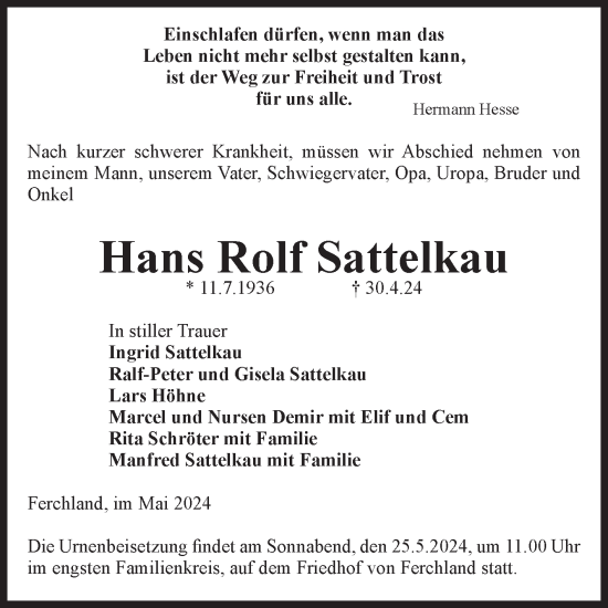 Traueranzeige von Hans Rolf Sattelkau von Volksstimme Burg/Genthin