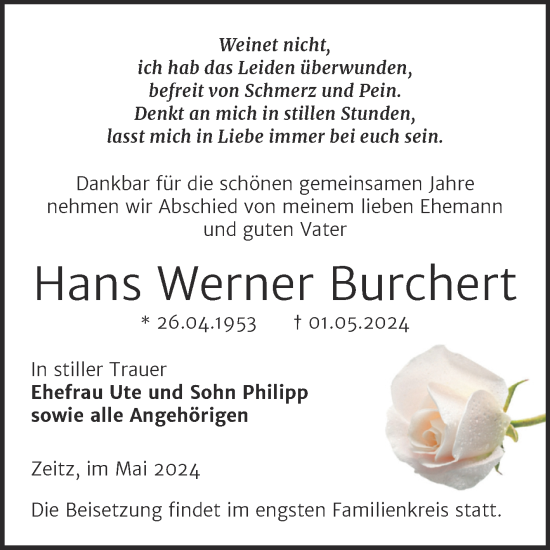 Traueranzeige von Hans Werner Burchert von Trauerkombi Zeitz