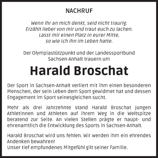 Traueranzeige von Harald Broschat von Volksstimme Magdeburg