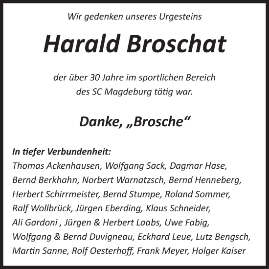 Traueranzeige von Harald Broschat von Volksstimme Magdeburg