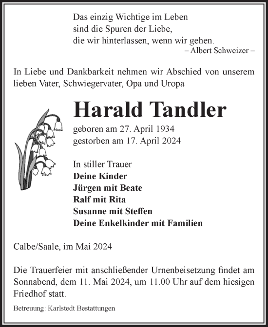 Traueranzeige von Harald Tandler von Volksstimme Schönebeck