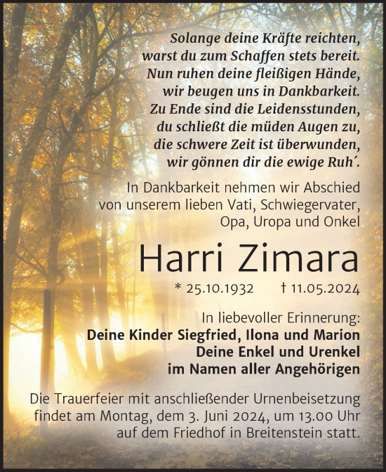 Traueranzeige von Harri Zimara von Trauerkombi Sangerhausen