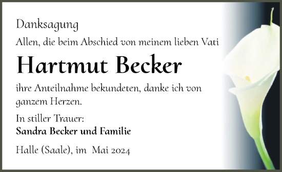 Traueranzeige von Hartmut Becker von Mitteldeutsche Zeitung Halle/Saalkreis