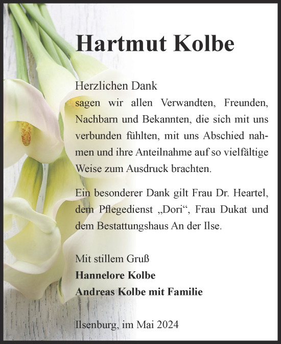 Traueranzeige von Hartmut Kolbe von Volksstimme Wernigerode