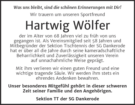 Traueranzeige von Hartwig Wölfer von Trauerkombi Quedlinburg