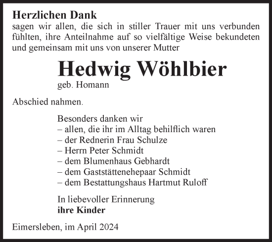 Traueranzeige von Hedwig Wöhlbier von Volksstimme Haldensleben/Wolmirstedt