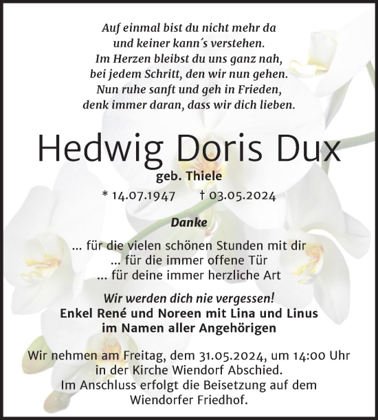 Traueranzeige von Hedwig Doris Dux von Trauerkombi Bernburg