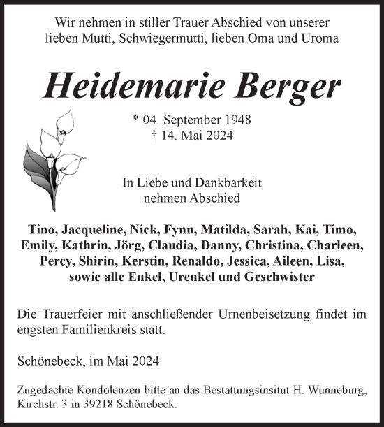 Traueranzeige von Heidemarie Berger von Volksstimme Schönebeck