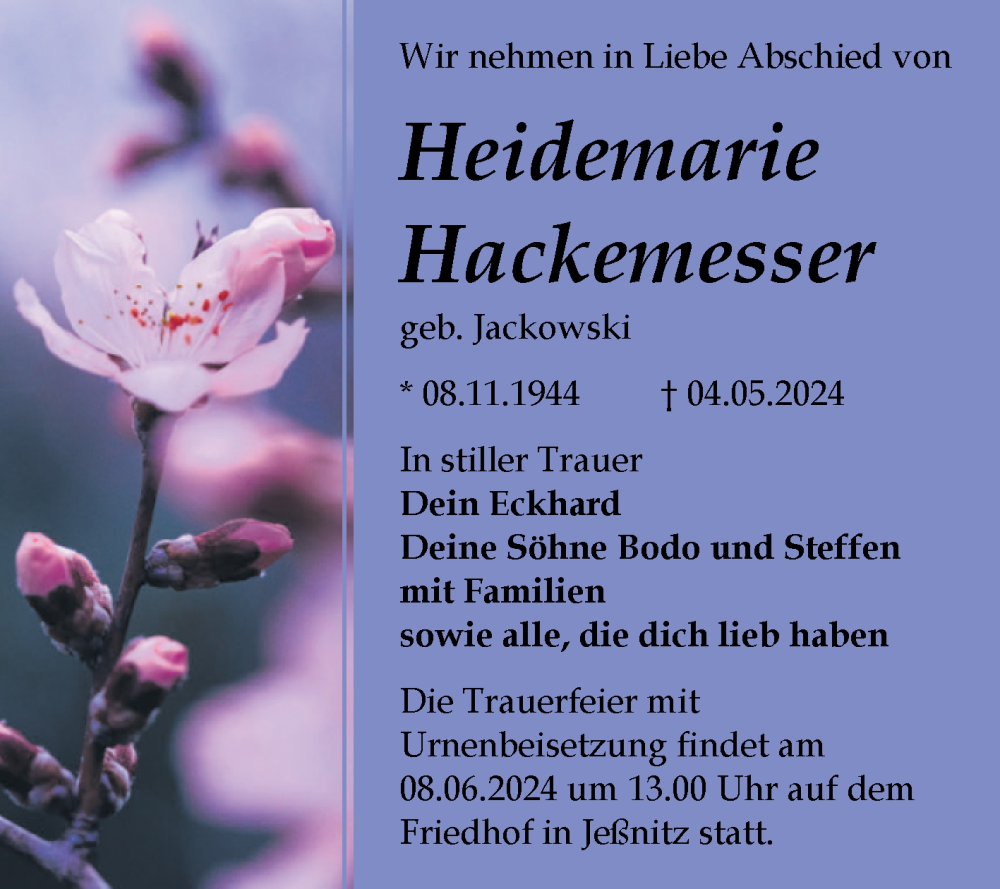  Traueranzeige für Heidemarie Hackemesser vom 11.05.2024 aus Trauerkombi Bitterfeld
