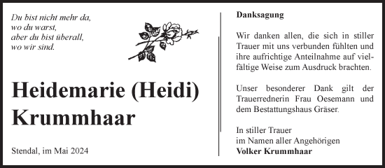 Traueranzeige von Heidemarie Krummhaar von Volksstimme Altmark Ost