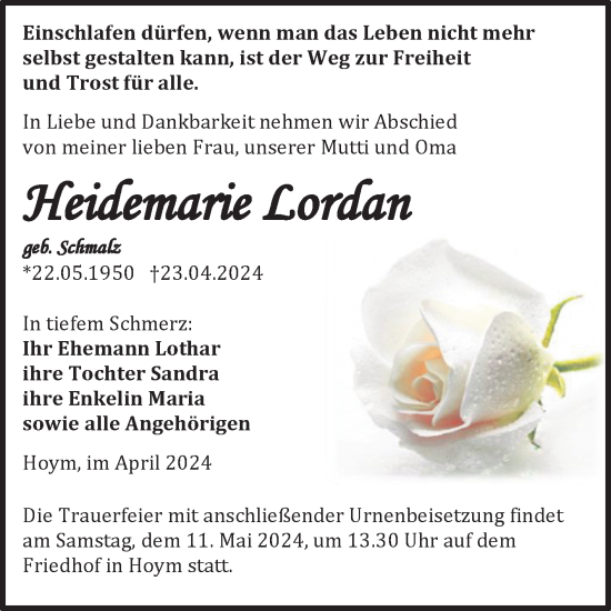 Traueranzeige von Heidemarie Lordan von Trauerkombi Aschersleben