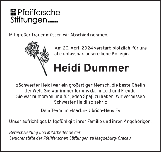 Traueranzeige von Heidi Dummer von Volksstimme Oschersleben/Wanzleben