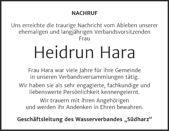 Traueranzeige von Heidrun Hara von Mitteldeutsche Zeitung Sangerhausen