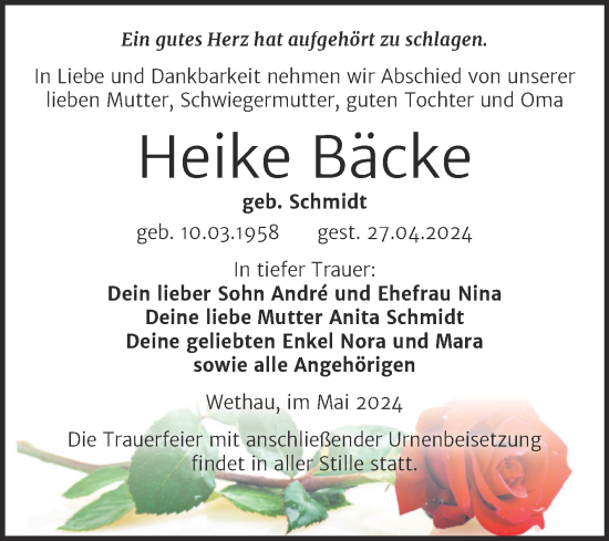 Traueranzeige von Heike Bäcke von Super Sonntag Naumburg/Nebra