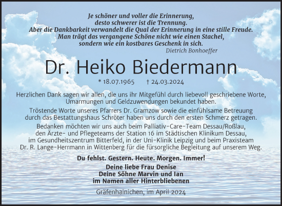 Traueranzeige von Heiko Biedermann von Trauerkombi Wittenberg