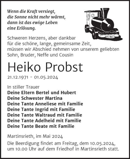 Traueranzeige von Heiko Probst von Mitteldeutsche Zeitung Sangerhausen