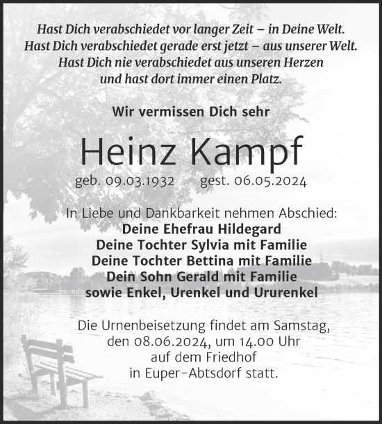 Traueranzeige von Heinz Kampf von Trauerkombi Wittenberg