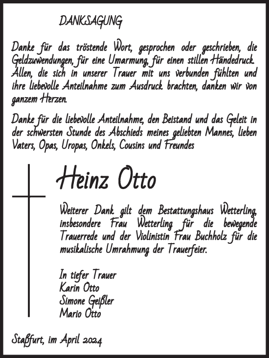 Traueranzeige von Heinz Otto von Volksstimme Staßfurt
