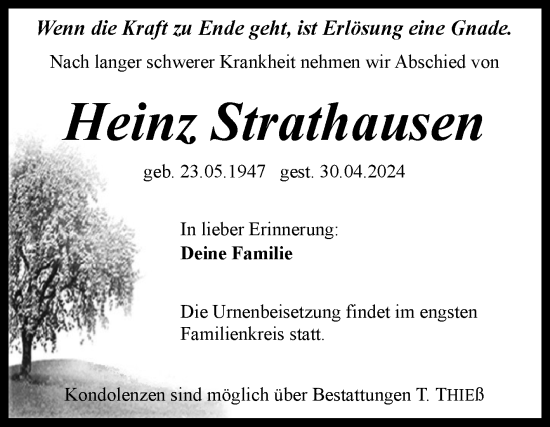 Traueranzeige von Heinz Strathausen von Trauerkombi Quedlinburg