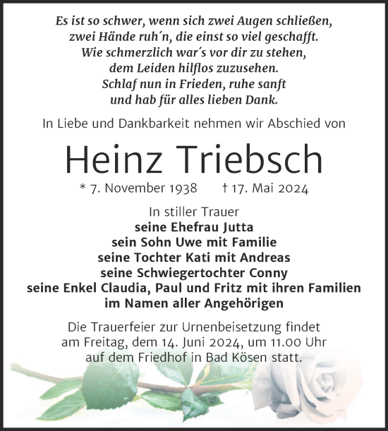 Traueranzeige von Heinz Triebsch von Naumburger Tageblatt
