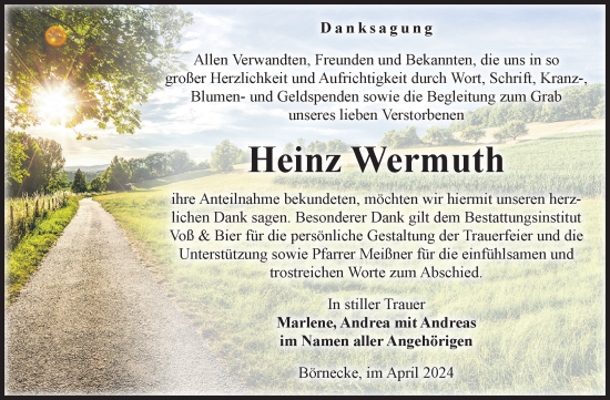 Traueranzeige von Heinz Wermuth von Volksstimme Wernigerode