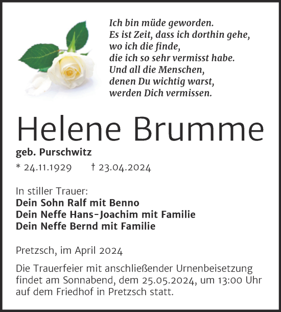 Traueranzeige von Helene Brumme von Trauerkombi Wittenberg