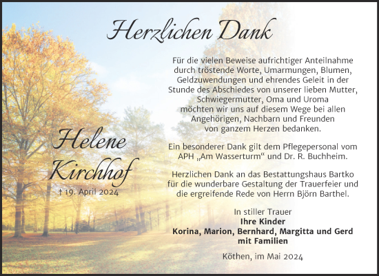 Traueranzeige von Helene Kirchhof von Trauerkombi Köthen